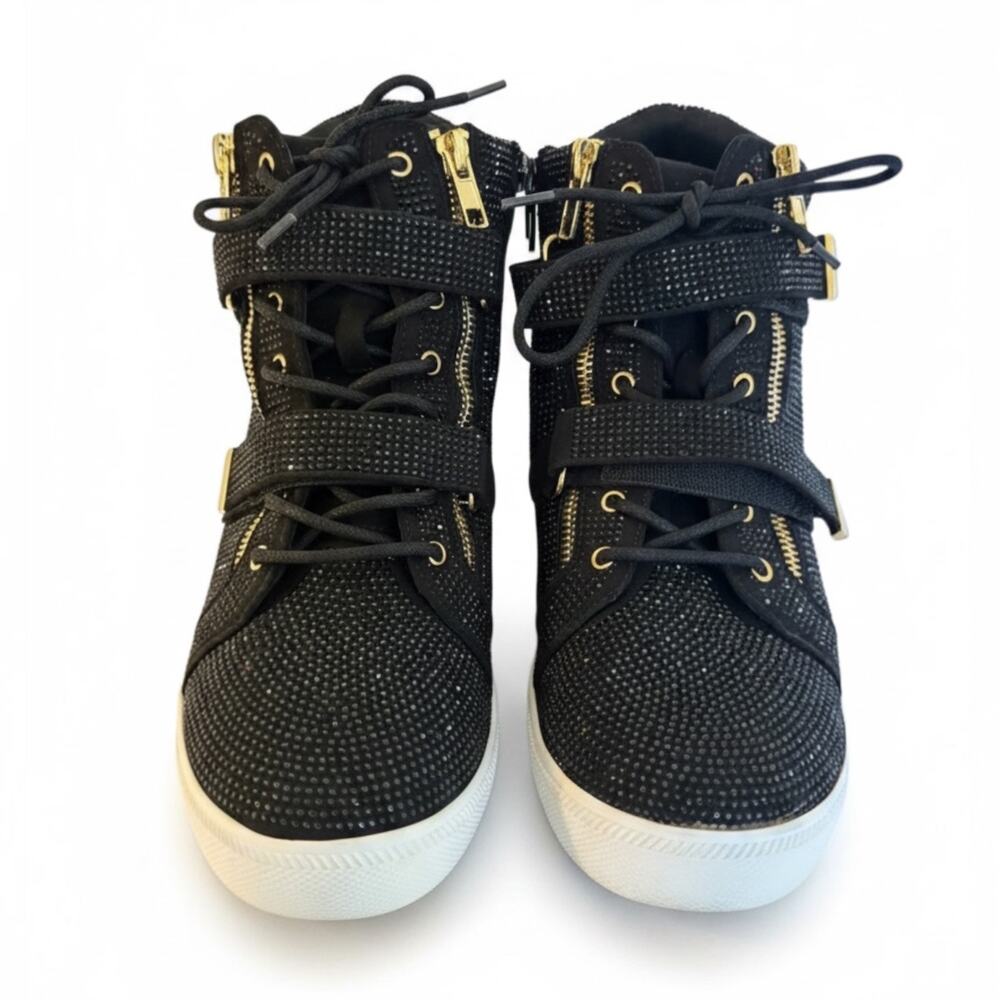 INC International Concepts Debby Rhinestone Wedge Sneakers Black Gold Sz 10